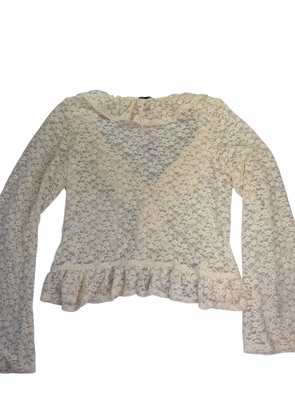 wild fable Cream Fairycore Y2K Lace Ruffle Long-Sleeve V-Neck Top - Picture 2 of 4